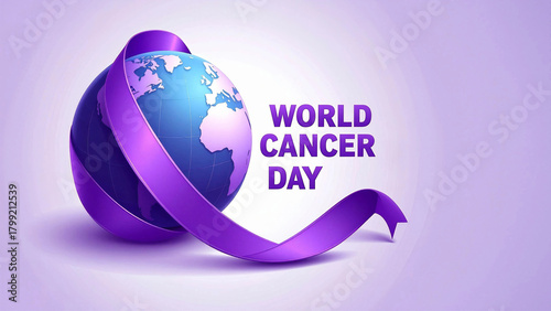 World cancer day awareness globe with purple ribbon