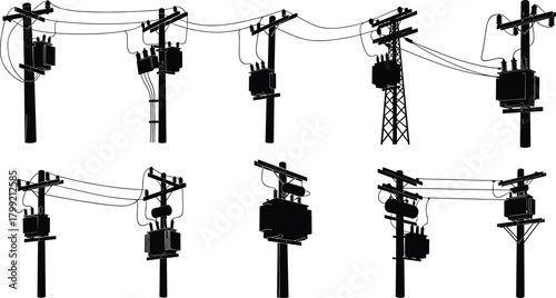 Silhouette vector illustration of electrical transformers, utility poles, and transmission towers—energy grid infrastructure layout for power distribution and engineering reference