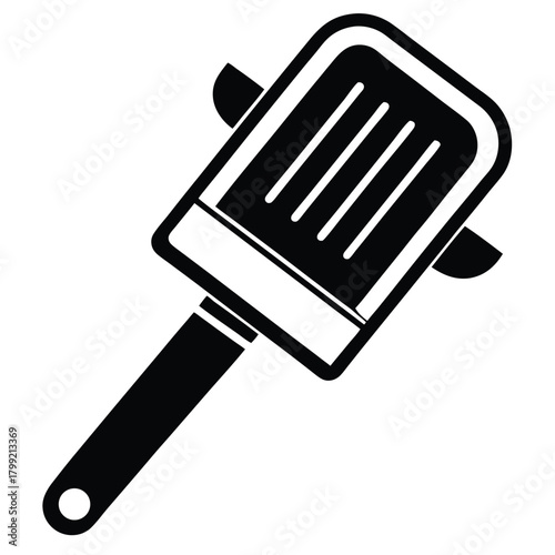 Simple black outline depicts vintage ice shaver with elongated handle on white