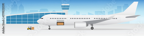 Cargo air transportation plane with forklift, International express delivery of cargo and goods at the airport 
