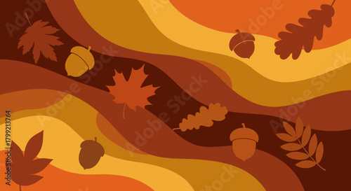 Organic abstract shapes with autumn leaves, acorn silhouettes, warm deep tones