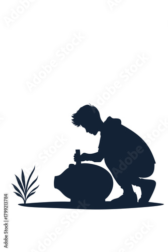 Silhouette of a boy kneeling and placing money into a piggy bank, symbolizing savings, financial responsibility, and childhood learning. Ideal for finance, education, and family-themed designs.
