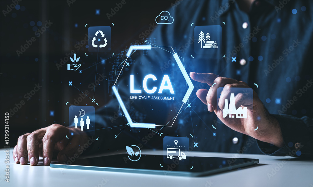 Naklejka premium Life Cycle Assessment (LCA) concept with digital icons of sustainability, industry, and environment on futuristic interface screen in creative workspace..