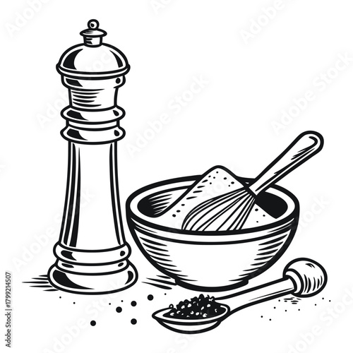 Pepper grinder and spice filled bowl alongside spoon show culinary seasoning elements