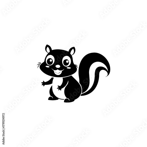 A cute cartoon squirrel with a bushy tail stands smiling, depicted in a simple black and white vector illustration.