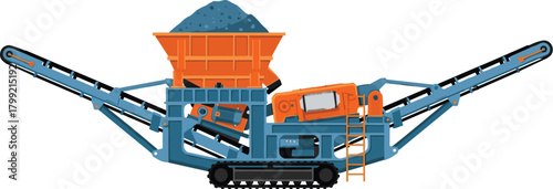 Mobile Stone Crusher Machine with Dual Conveyors Vector Illustration