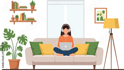 Woman Working on Laptop at Home in Cozy Living Room Interior Illustration