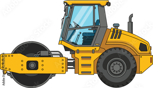 Yellow Road Roller Heavy Soil Compactor Construction Machine Vector