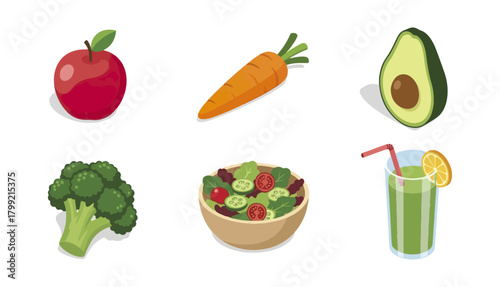 Healthy food assortment apple carrot avocado broccoli salad juice
