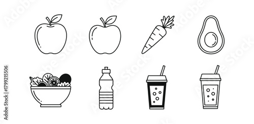Healthy food icons black and white isolated design elements
