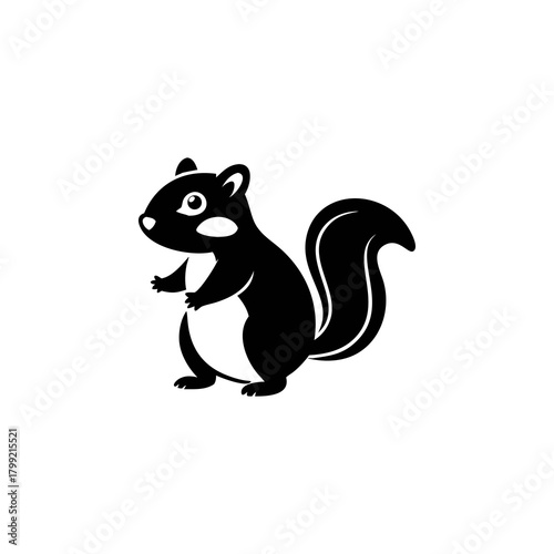 A stylized black and white illustration of a squirrel standing upright, with a bushy tail and cute facial features.