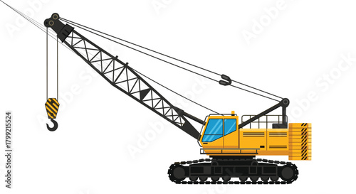 Yellow Crawler Crane with Lattice Boom and Lifting Hook Vector