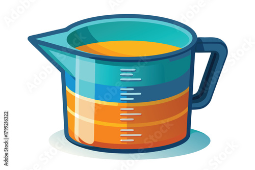 A cartoonstyled measurement pitcher filled with bright yellow liquid rests on a white surface