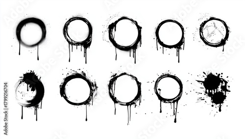 Black grunge circle frames with dripping ink edges and rough textured rings isolated on white background, providing bold abstract design elements with clear space for text