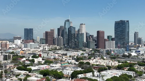 Los Angeles Downtown Skyscrapers from Pico Union Aerial Shot Back
