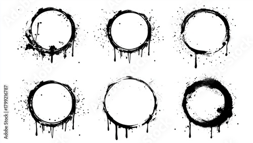 Black grunge circle frames with dripping ink edges and rough textured rings isolated on white background, providing bold abstract design elements with clear space for text