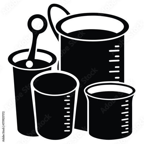 Black and white measuring containers are arranged to show the different sizes