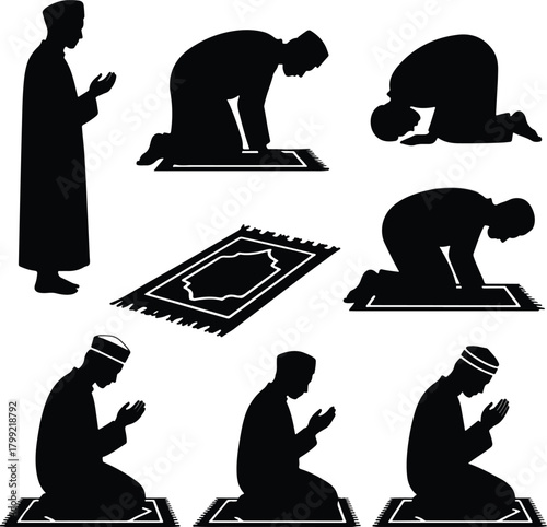 silhouettes of people Salah Postures with Arrows on Mat for Spiritual Guidance 