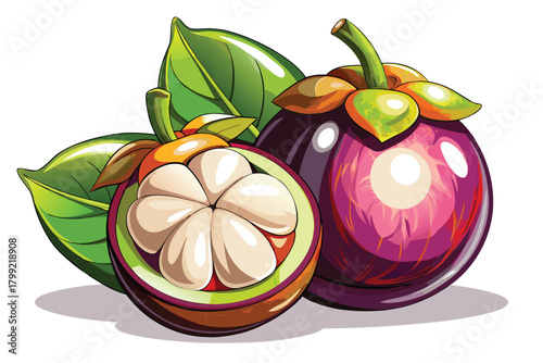 Fresh purple mangosteen fruits display their succulent white flesh alongside vibrant green leaves elegantly