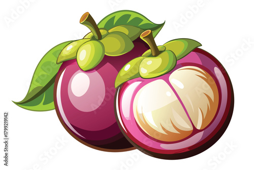 Two glossy purple mangosteens with green leaves sit isolated in a close up shot
