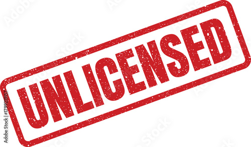 Red grunge rectangular stamp with UNLICENSED text for indicating status or legal restrictions clearly