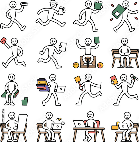 Stick figure icons illustrating daily activities, work, and play