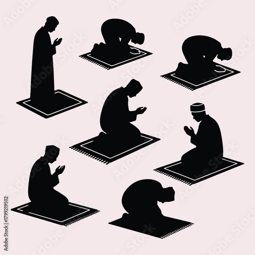 Islamic Prayer Sequence Silhouette  Salah Postures with Arrows on Mat for Spiritual Guidance
