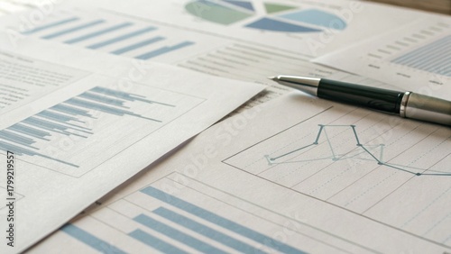 Income Tax Overview Concept. Business documents with graphs and charts alongside a pen on a table.