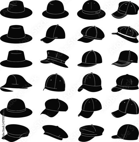 Collection of diverse hat silhouettes, various styles and shapes