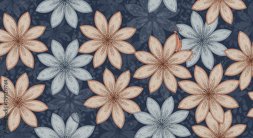 A visually appealing patterned background composed of repeating floral elements in various muted color palettes.
