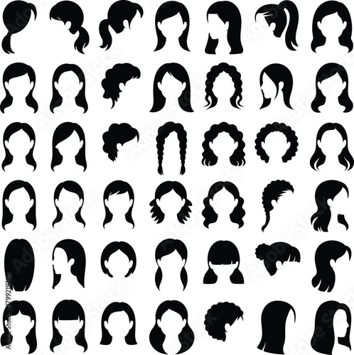 Diverse set of female hair styles silhouettes icons for fashion