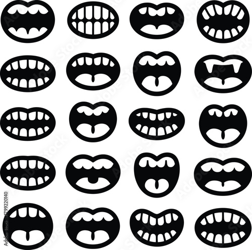 Comic cartoon mouth expressions set with different teeth types