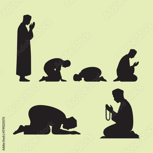 Islamic Prayer Silhouette Set – Salah and Tasbih Postures Depicting Spiritual Devotion and Worship
