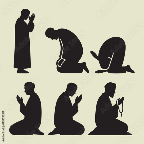 Islamic Prayer Silhouette Set – Salah and Supplication Postures with Tasbih on White Background