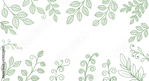 A delicate arrangement of light green botanical leaves and vines forms a beautiful border on a white background.