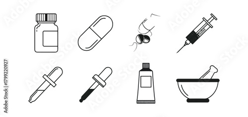 Medical icons pills syringe bottles and pharmaceutical tools