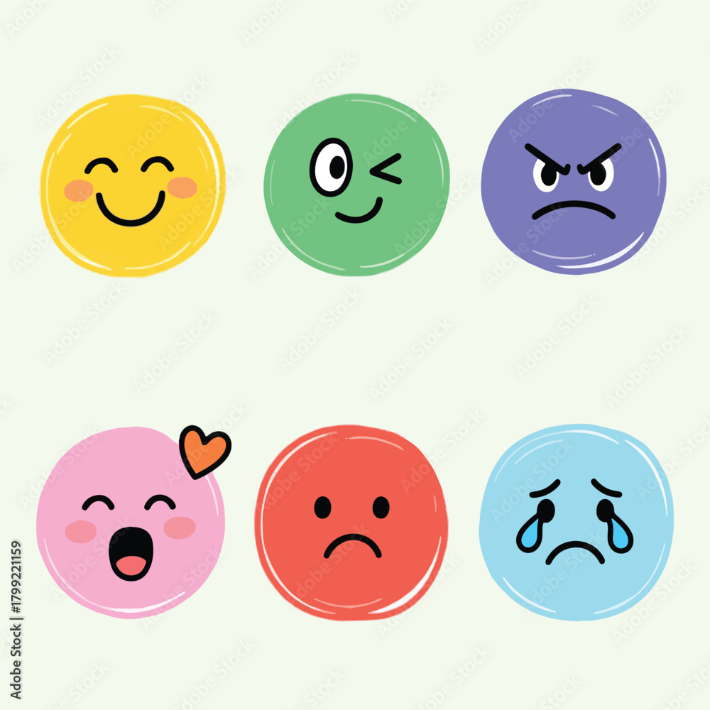Fototapeta premium Colorful Emoji Faces Expressing Eight Human Emotions Educational Emotion Chart Illustration and bandle i cons