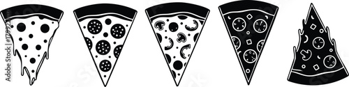 Pizza slices vector set with various toppings in black and white simple style for food illustration and design 