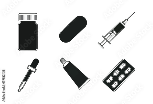Medical icons syringe pills dropper ointment and vials on black background