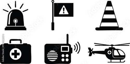 Emergency response icons including siren, warning flag, safety cone, first aid kit, radio, and helicopter vector illustration 