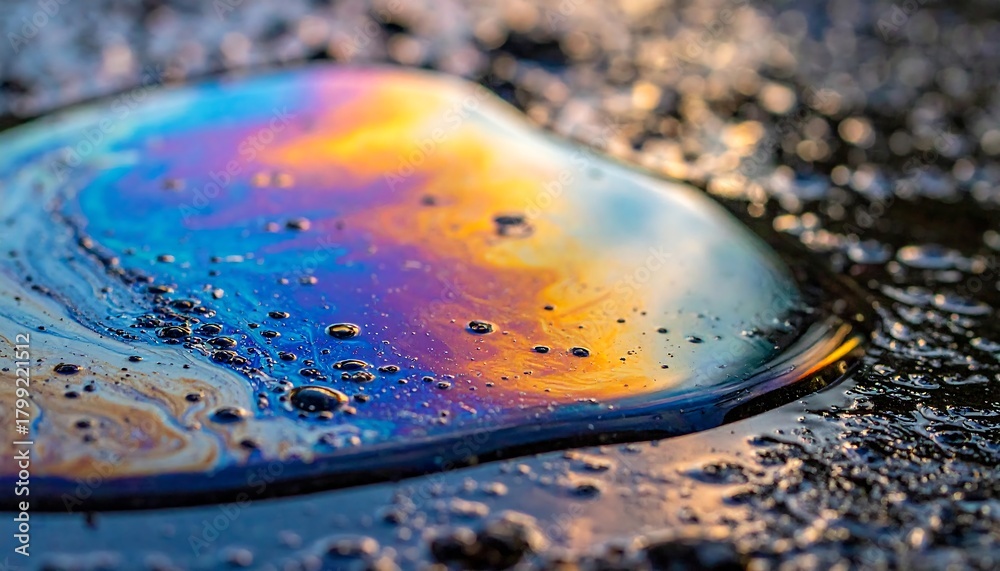 Naklejka premium Mesmerizing iridescent oil slick on wet asphalt reflects vibrant sunset colors creating a stunning abstract pattern with tiny bubbles