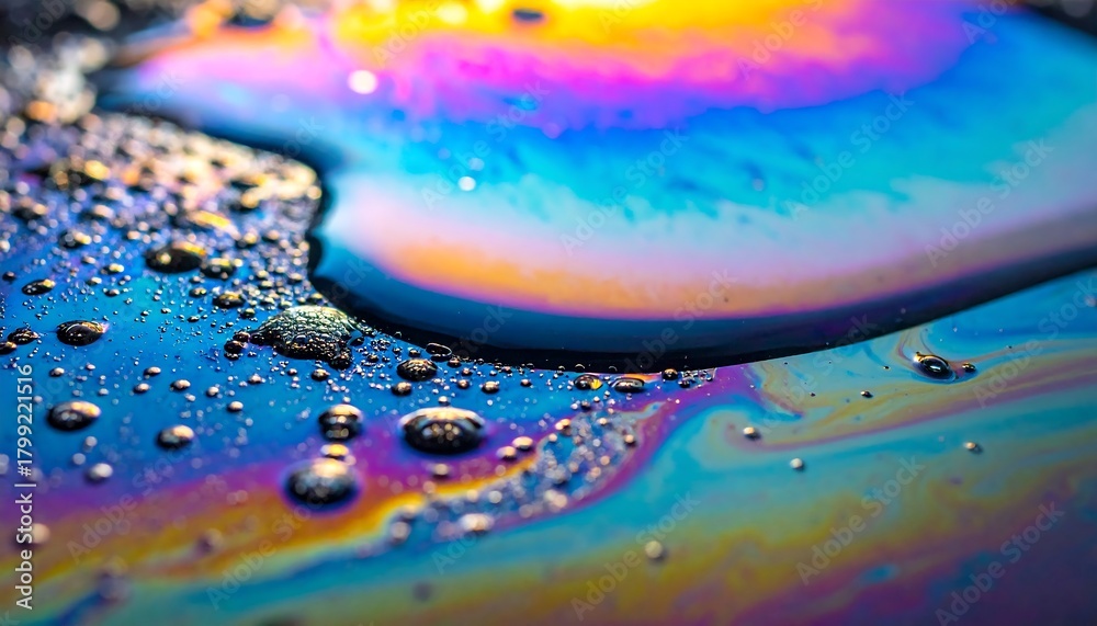 Fototapeta premium Iridescent oil slick on water surface with vibrant rainbow colors and shimmering bubbles creating a mesmerizing abstract pattern