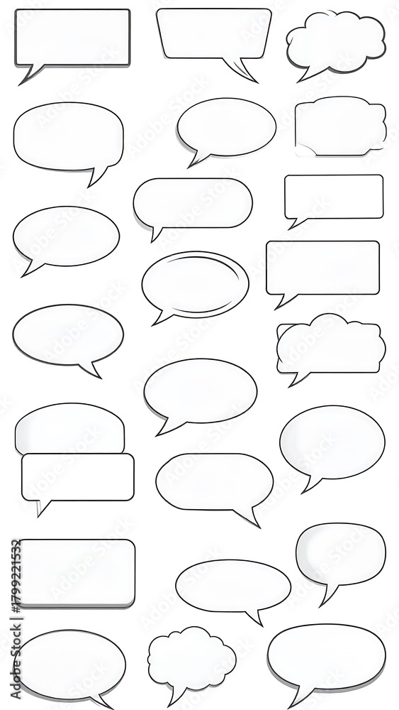 Obraz premium Collection of 25 outlined speech bubbles, varied shapes, white fill, subtle drop shadow