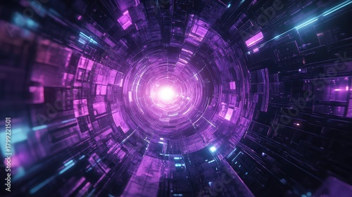Fototapeta Naklejka Na Ścianę i Meble -  Futuristic glowing purple tunnel transporting data and energy