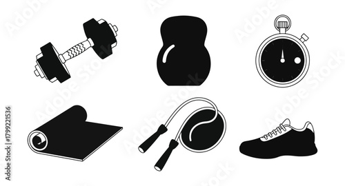Fitness equipment collection for exercise and training illustration