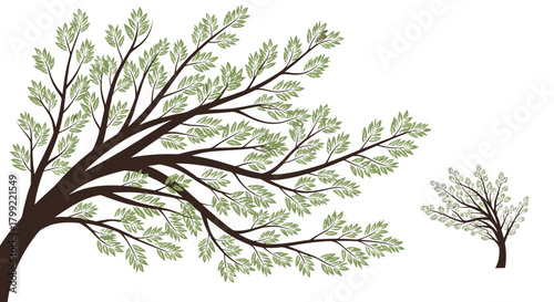 A stylized illustration of a tree with branches bending in the wind with small green leaves on a white background.