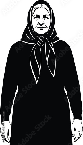 Elderly woman in traditional headscarf standing front view simple black and white vector illustration 