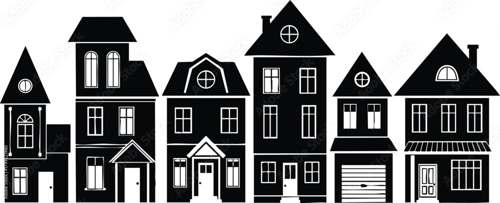 Fototapeta premium Row of black silhouette houses with various roof styles and windows vector illustration for urban architecture and real estate design 