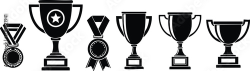 Trophy and medal award icons collection for competition and achievement recognition in black silhouette style vector illustration 