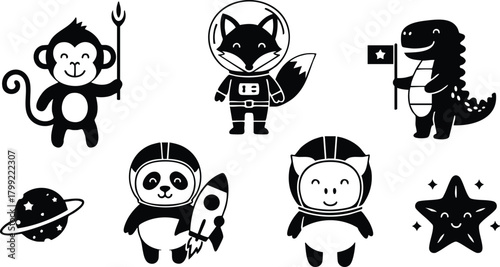 Cute cartoon animals in space astronaut costumes with rocket and star vector illustration 